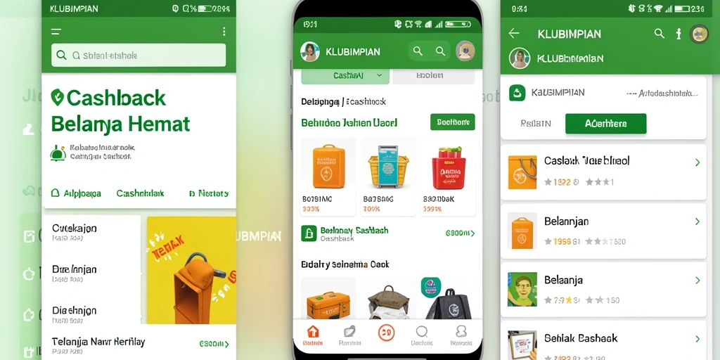 Tampilan antarmuka aplikasi KLUBIMPIAN dengan fitur Cashback yang menarik.