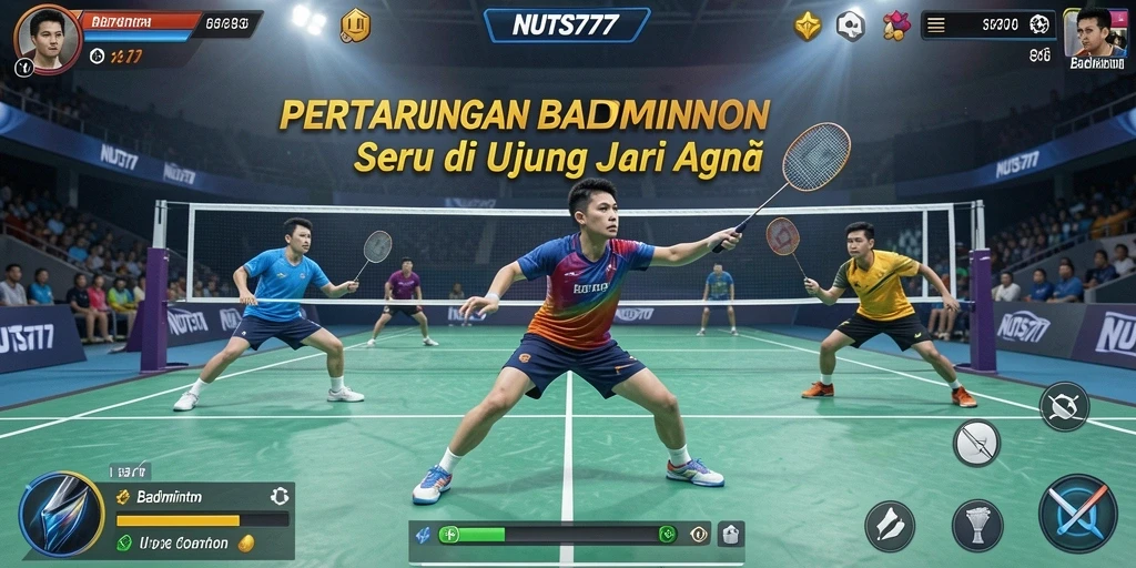 Antarmuka utama NUTS777 yang menampilkan permainan badminton yang seru.